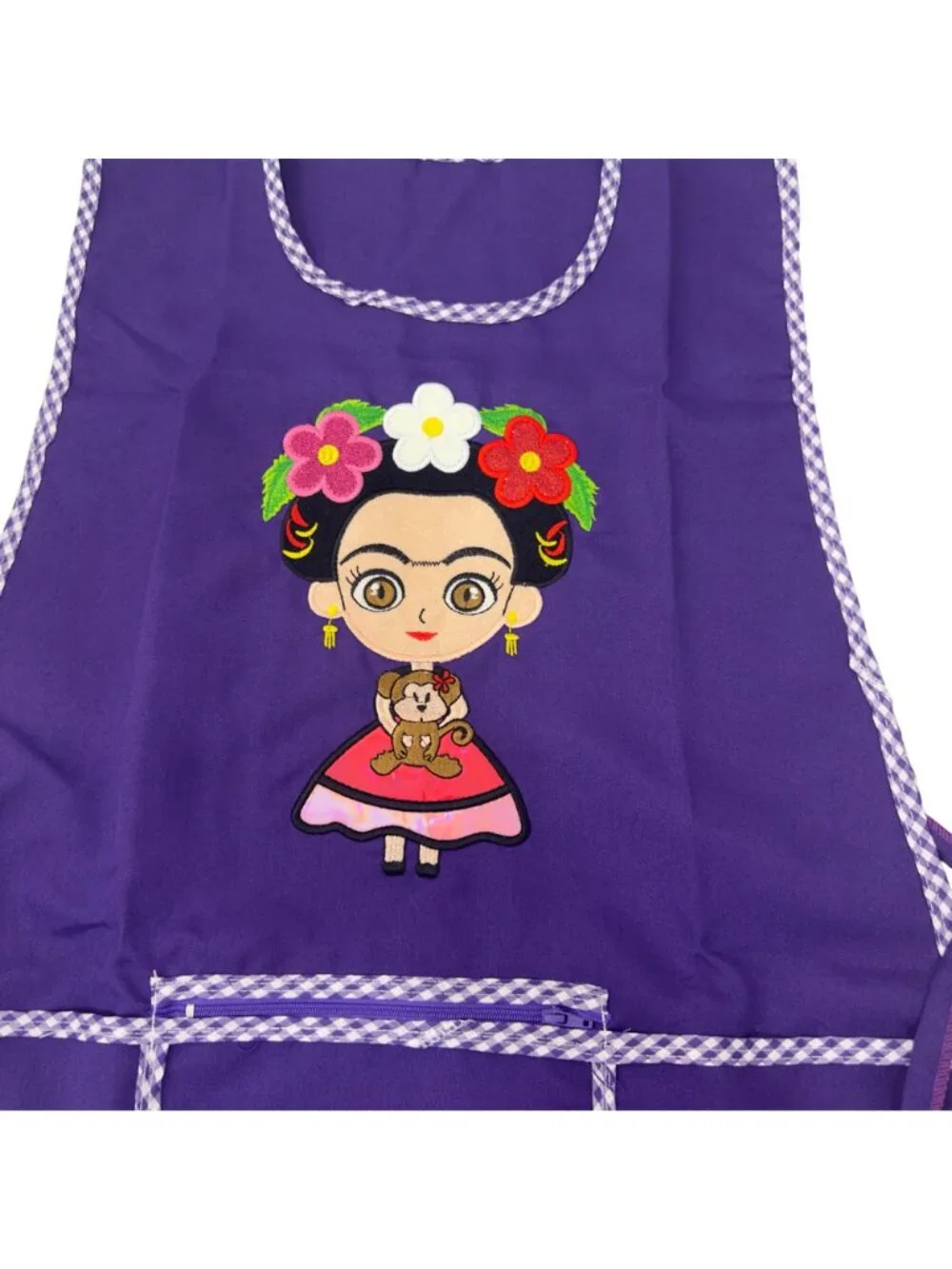 Apron Women Purple Embroidered Frida Design Front Pocket Gingham Trim One Size